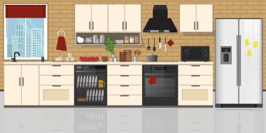 Mutfak içi, mobilyalı. Düz biçim vektör illüstrasyonu.