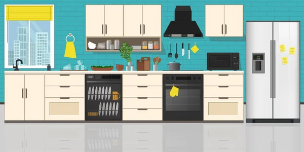 キッチンインテリア 家具付き 平面図ベクトル図 — ストックベクタ