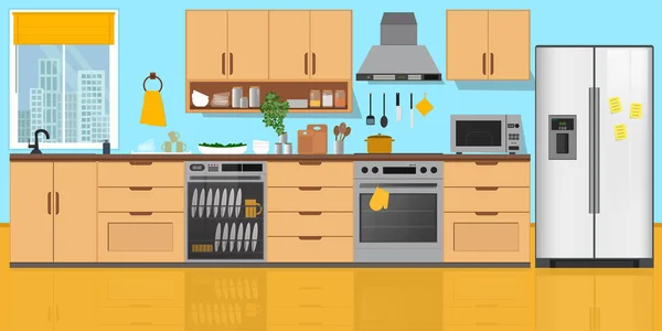 Mutfak içi, mobilyalı. Düz biçim vektör illüstrasyonu.