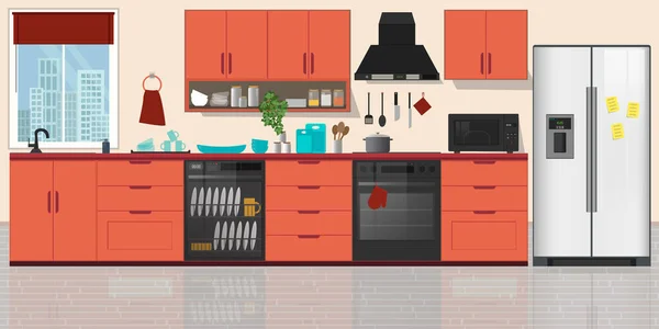 Cocina Interior Con Muebles Ilustración Vector Estilo Plano — Vector de stock