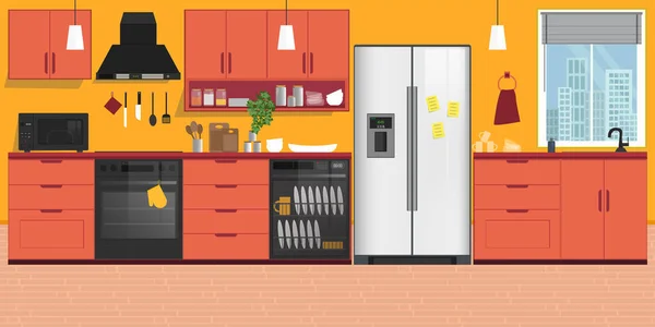 Cozinha Interior Com Mobiliário Ilustração Vetorial Estilo Plano — Vetor de Stock