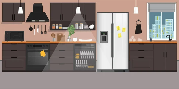 Modern Kitchen Interior Furniture Flat Style Vector Illustration Cozy Home — Stock Vector
