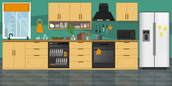 Cocina Moderna Interior Con Muebles Ilustración Vector Estilo Plano Acogedora — Vector de stock