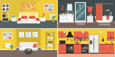 Mobilya ve ekipmanlı bir vektör iç dizisi. Oturma odası, mutfak, banyo, yatak odası tasarla. Düz stil iç tasarım, Ev şekli konsept tasarımı.