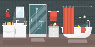 Banyo içi düz tasarlanmış mobilyalarla dolu. Vektör illüstrasyonu.