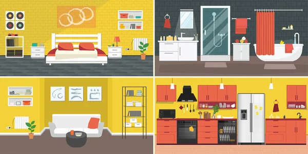 Mobilya ve ekipmanlı bir vektör iç dizisi. Oturma odası, mutfak, banyo, yatak odası tasarla. Düz stil iç tasarım, Ev şekli konsept tasarımı.