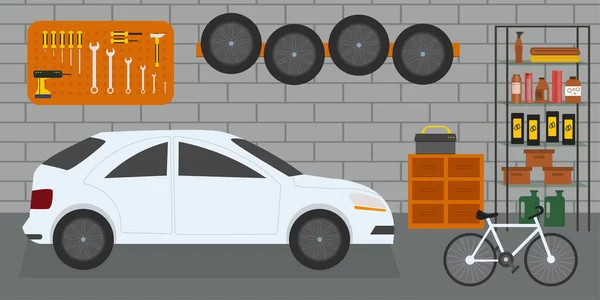 Garage Domicile Avec Voiture Vélo Outils Mur Illustration Intérieure Vectorielle — Image vectorielle