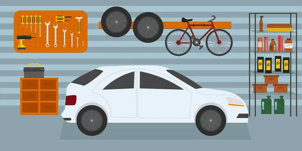 Arabası, bisikleti ve duvarında aletleri olan ev garajı, düz vektör iç illüstrasyon 