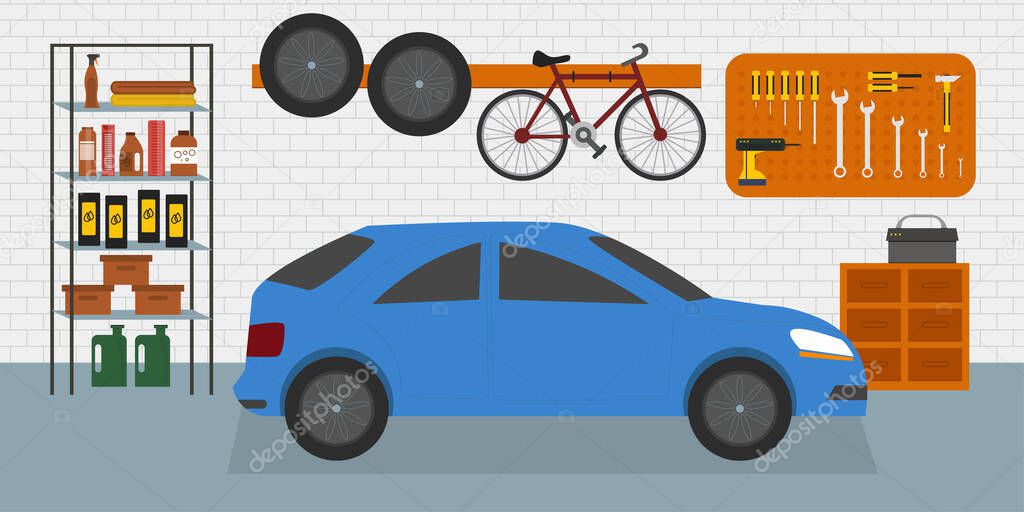 Home garage with car, bike and tools on the wall, flat vector interior illustration 