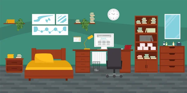 Moderno Diseño Interiores Para Adolescentes Con Espacio Trabajo Para Tareas — Vector de stock