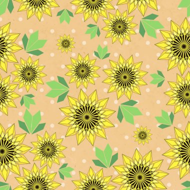 Sarı ayçiçeği ve kraft kağıt yapraklarda vektör seamleess arka plan