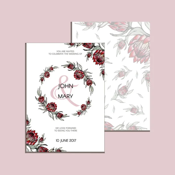 Πρόσκληση διάνυσμα με χειροποίητο floral στοιχεία και τα λουλούδια του Πρωτέα. Μοντέρνα συλλογή γάμου. Ευχαριστήρια κάρτα, αποθήκευση η ημερομηνία κάρτες, μενού, φέιγ βολάν, πρότυπο banner. — Διανυσματικό Αρχείο