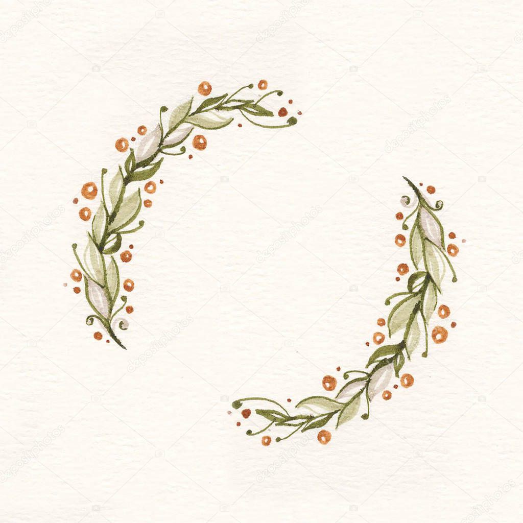 Watercolor wreath with green leaves and branches
