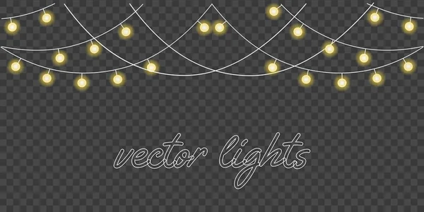 Şeffaf arka planda sarı ampullü izole lamba çelenkleri. Kartlar, davetiyeler, afişler, posterler için Noel ve kutlama kompozisyonu. Vektör gerçekçi elementler