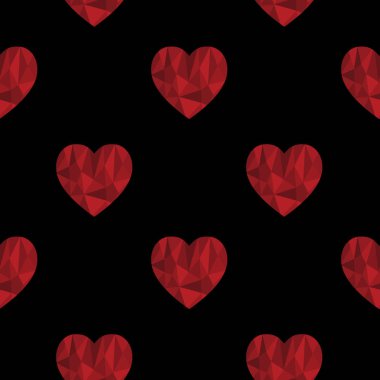 Siyah arka planda kırmızı polyester kalpler olan kusursuz bir model. Kartlar, afişler, davetiyeler, hatıra defterleri, ambalaj kağıtları, paketler için sevgililer günü süsü. Vektör zarifliği