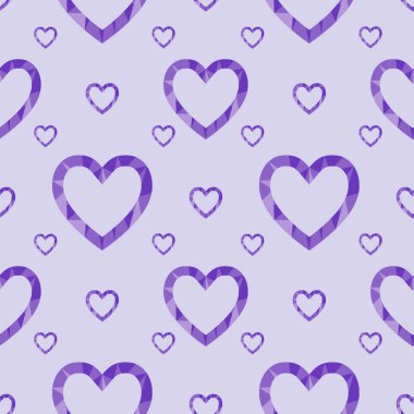 Çokgen mor kalpli tatlı bir desen. Kartlar, posterler, davetiyeler, hatıra defterleri, ambalaj kağıtları, paketler için kusursuz pastel süsler. Vektör illüstrasyonu
