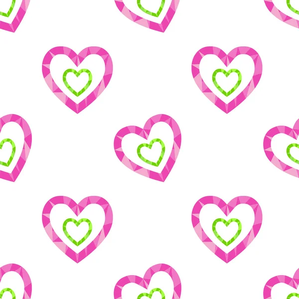 Patrón Divertido Con Corazones Poligonales Neón Verde Rosa Sobre Fondo — Vector de stock