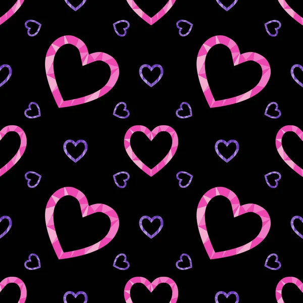 有趣的无缝图案 黑色背景上有可重复的多角形紫色和粉色心脏 邀请函 剪贴簿 包装纸 包裹等的时尚装饰品 矢量说明 — 图库矢量图片