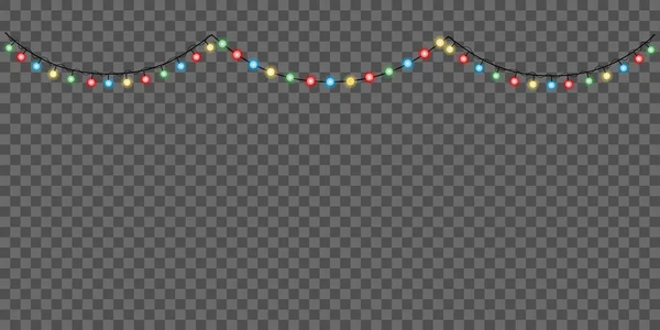 Şeffaf arkaplanda lamba çelenkleri var. Noel ve yeni yıl kartları, afişler, posterler, davetiyeler için dekor unsurları. Vektör gerçekçi izole ışıklar