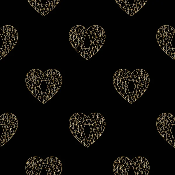 Luxury Seamless Pattern Polygonal Outline Golden Hearts Black Background Vector — Stock Vector