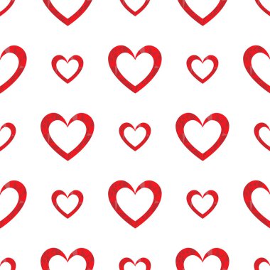 Beyaz arka planda kırmızı polyester kalplerle romantik, pürüzsüz bir düzen. Kartlar, davetiyeler, hatıra defterleri, ambalaj kağıtları, paketler için şık bir süs. Vektör illüstrasyonu