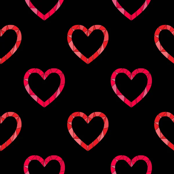 Seamless Pattern Red Halftone Polygonal Hearts Black Background Romantic Vector — Stock vektor