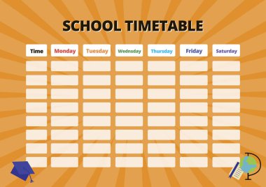 Öğrenciler için okul takvimi. Parlak turuncu geçmişi olan renkli bir eğitim organizatörü. Günlük planlamacı. Vektör illüstrasyonu