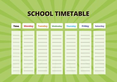 Konular için okul takvimi. Açık yeşil arka planı olan vektör eğitim organizatörü. Her gün planlamacı. A4 ölçekli standart boyut