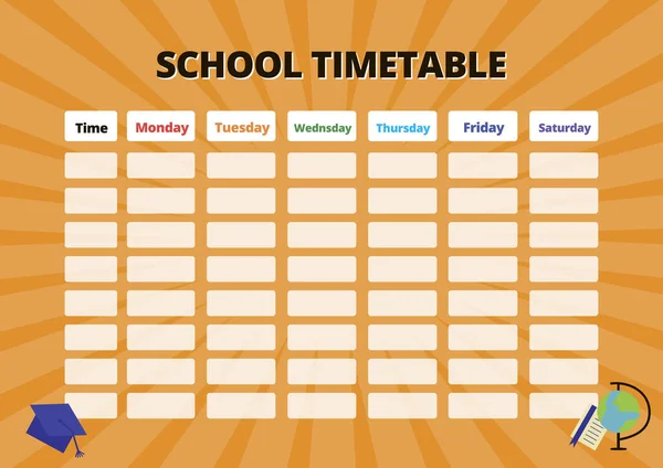 Öğrenciler için okul takvimi. Parlak turuncu geçmişi olan renkli bir eğitim organizatörü. Günlük planlamacı. Vektör illüstrasyonu