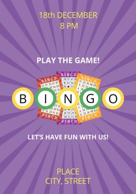 Menekşe arka planı, topları ve piyango biletleri olan bingo posterleri. Örnek metin ile festival etkinliği için el ilanı, kart ya da afiş. A4 standart ölçeklendirilmiş biçimi