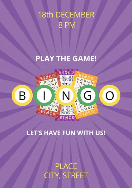 Bingo Poster Templates Violet Background Balls Lottery Tickets Vector Flyer — Stock Vector