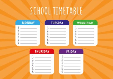 Metin ve turuncu parlayan arka plan için yer alan okul takvimi. Beş gün boyunca her gün çok renkli vektör planlayıcısı. A4 ölçekli standart boyut
