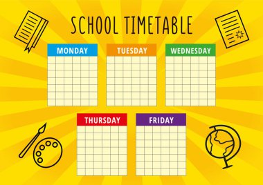 Okul malzemeleriyle birlikte sarı parlak arkaplanlı parlak okul takvimi. Çocuklar için haftalık vektör planlayıcısı. A4 ölçekli standart boyut