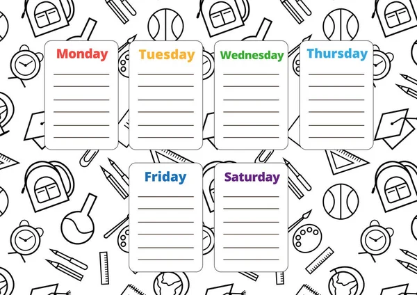 School Timetable Monochrome Repeatable Background School Supplies Vector Weekly Planner — Stock Vector