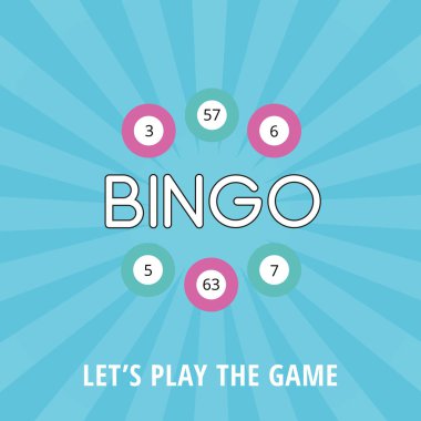 Parlak bingo afiş şablonu mavi parlak arka plan ve toplarla. Festival olayı için vektör karesi posteri, broşür, kart