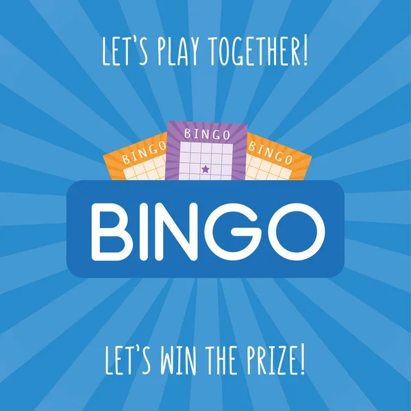 Mavi arka planı ve piyango biletleri olan şık bir bingo afişi. Vektör kare posteri, el ilanı, örnek metin içeren piyango tanıtımı kartı