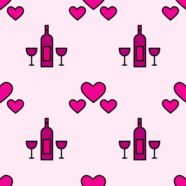 Pembe arka planda şarap, bardak ve kupa desenleri var. Sevgililer Günü süssüz. Düğün davetiyeleri, kartlar, ambalaj kağıtları, paketler için kullanılabilir. Vektör illüstrasyonu