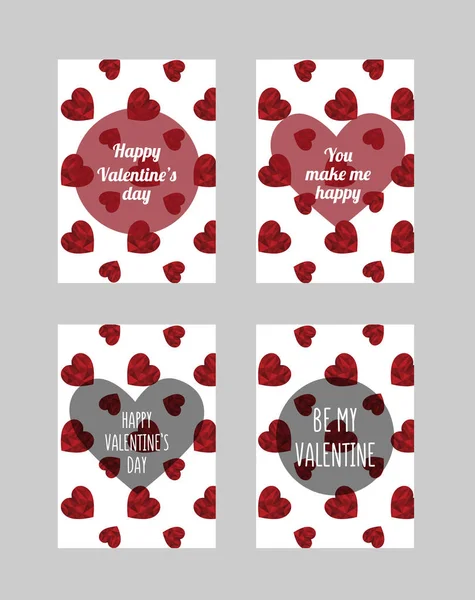 バレンタインデーカードのセット 赤い多角形の心 透明要素とテキストを持つエレガントなお祝いのポストカード ベクターイラスト — ストックベクタ