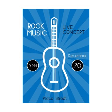 Mavi arkaplanda örnek metin olan müzik afişi şablonu. Orijinal poster, ilan, afiş, bar, restoran, kulüp kartı. A4 / A5 standart boyutta. Vektör illüstrasyonu
