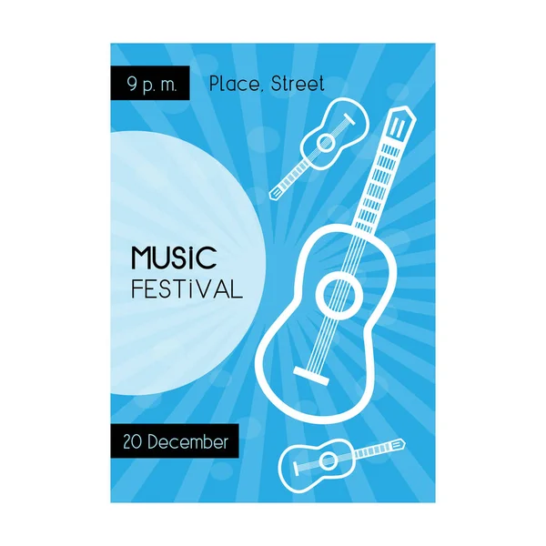 Parlak mavi arka planda beyaz gitarlı müzik festivali şablonu. Vektör posteri, afiş, pankart, bar, restoran, kulüp kartı. A4 / A5 ölçekli standart boyut