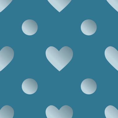 Mavi arka planda gümüş rengi kalpler ve noktalar olan kusursuz bir desen. Kart, pankart, davetiye, albüm, paket kağıdı, tekstil için hoş bir süs. Vektör illüstrasyonu