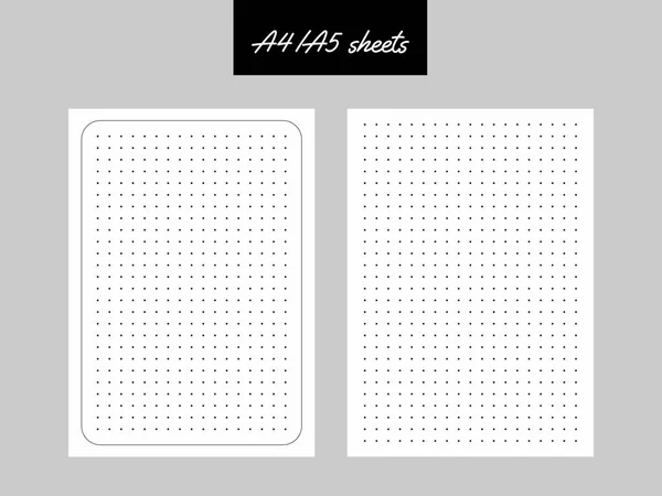 Defter, günlük planlayıcı, defter, eskiz defteri için noktalı kağıtlar. Beyaz arkaplan üzerinde siyah noktalar olan vektör izole çarşaflar. A4, A5, A6 standart ölçekli boyut