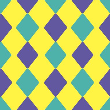 Tekrarlayan mor ve deniz mavisi eşkenar dörtgenli eğlenceli, pürüzsüz desen. Ambalaj kağıdı, paket, poster, kart için geometrik süs. Vektör illüstrasyonu