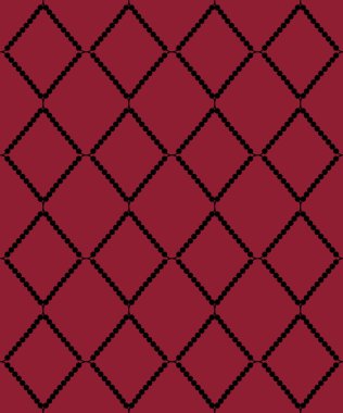 Kırmızı arkaplanda eşkenar dörtgen şeklinde siyah boncuklarla zarif, pürüzsüz bir desen. Tekstil, battaniye, ambalaj kağıdı, paket, poster, kart için klasik süs. Vektör illüstrasyonu