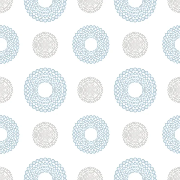 Beyaz arkaplanda yuvarlak gri ve mavi inciler olan klasik gerçekçi, pürüzsüz desen. Tekstil, ambalaj kağıdı, paket, poster, kart, davetiye için sanatsal vektör süsü