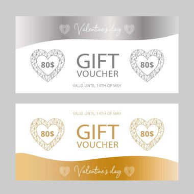 Beyaz arka planda gümüş ve altın elementli lüks hediye çekleri. Sevgililer Günü için zarif indirim kuponları. Standart ölçeklendirilmiş büyüklük: 210 * 99 mm (8,3 * 3,4in). Vektör illüstrasyonu