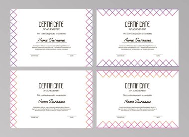 Çizgi eğimli eşkenar dörtgen ve üçgenli moda sertifika tasarımları koleksiyonu. A4 standart ölçekli eğitim kursları, yarışmalar ve eğitim için kullanılabilir. Vektör illüstrasyonu