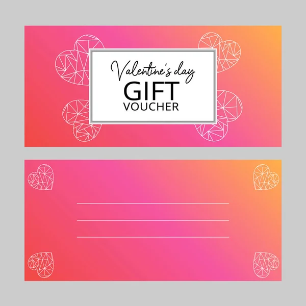 Pembe ve turuncu arka planda beyaz kalpli canlı modern hediye çeki. Sevgililer günü vektör indirimi kuponu. Standart ölçek: 210 * 99 mm