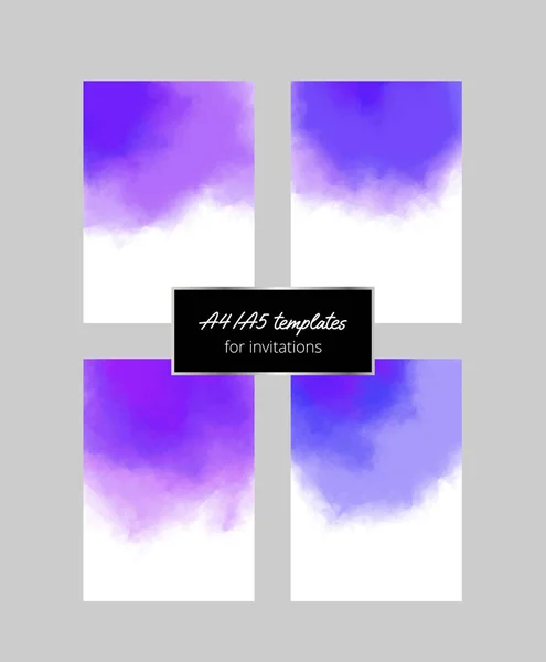 Mor düğün için suluboya şablon koleksiyonu. Davetiyeler, kartlar, posterler için A4 / A5 düzeni. Vektör illüstrasyonu