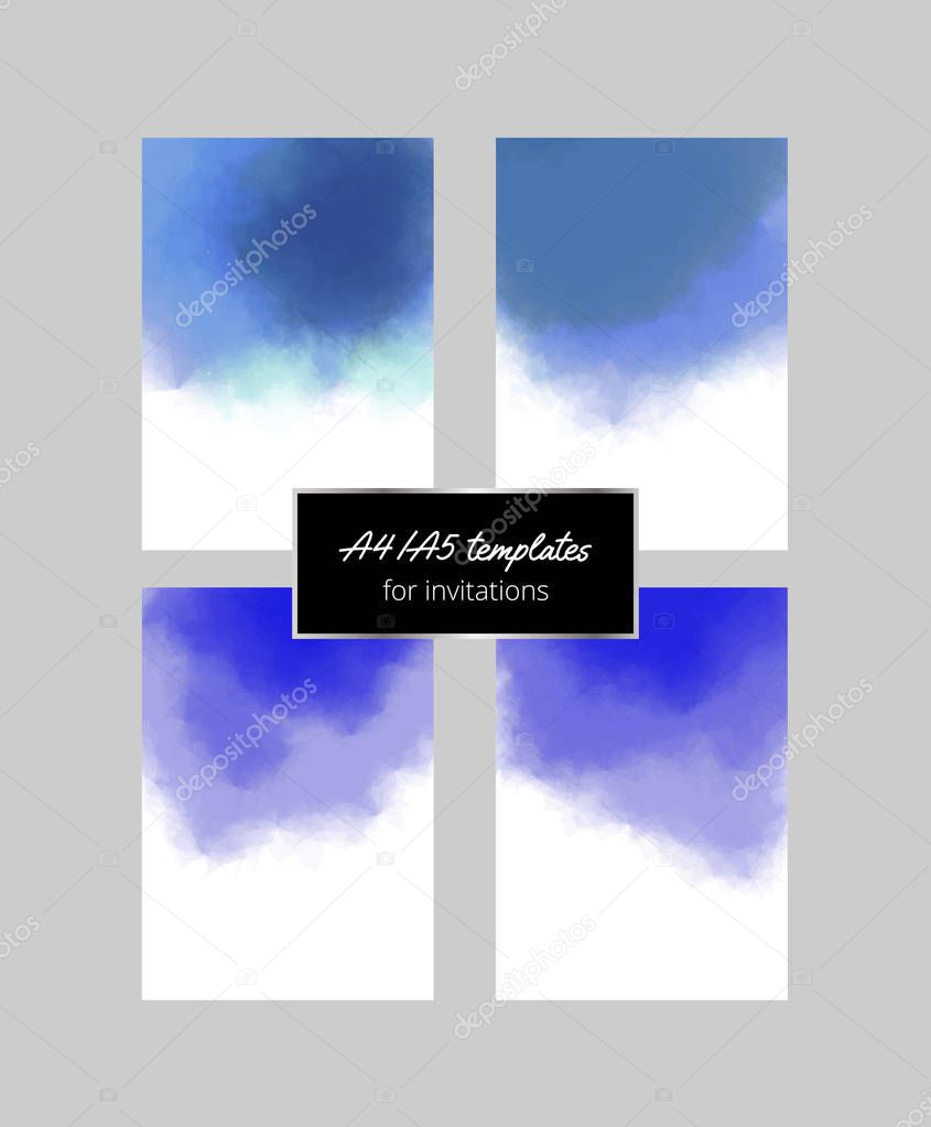 Set of elegant watercolor templates. Usable for invitations, cards, posters. Vector illustration. A4/A5 standard size